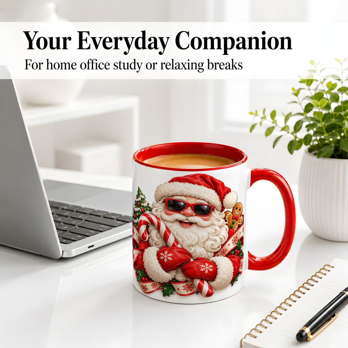 #pl[11oz|Red] Cool Santa Claus Accent Mug, Ceramic Cup with Christmas Artwork