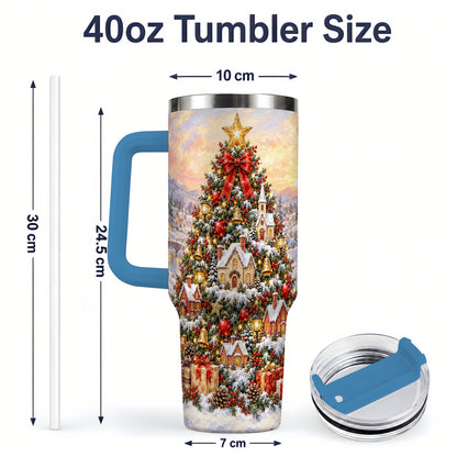 #pl[40oz|Blue] Snowy Village Christmas Tumbler, 40oz Handled Stainless Steel Cup
