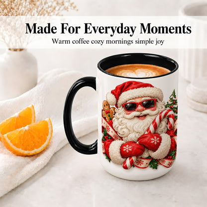 #pl[15oz|Black] Cool Santa Claus Accent Mug, Ceramic Cup with Christmas Artwork