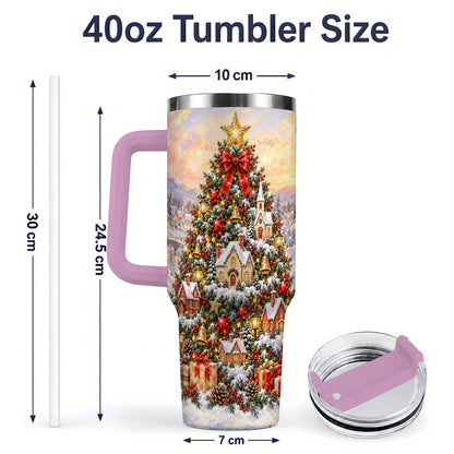 #pl[40oz|Pink] Snowy Village Christmas Tumbler, 40oz Handled Stainless Steel Cup
