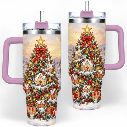 #pl[40oz|Pink] Snowy Village Christmas Tumbler, 40oz Handled Stainless Steel Cup