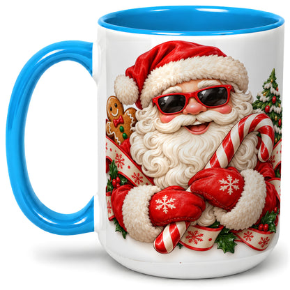 #pl[15oz|Blue] Cool Santa Claus Accent Mug, Ceramic Cup with Christmas Artwork