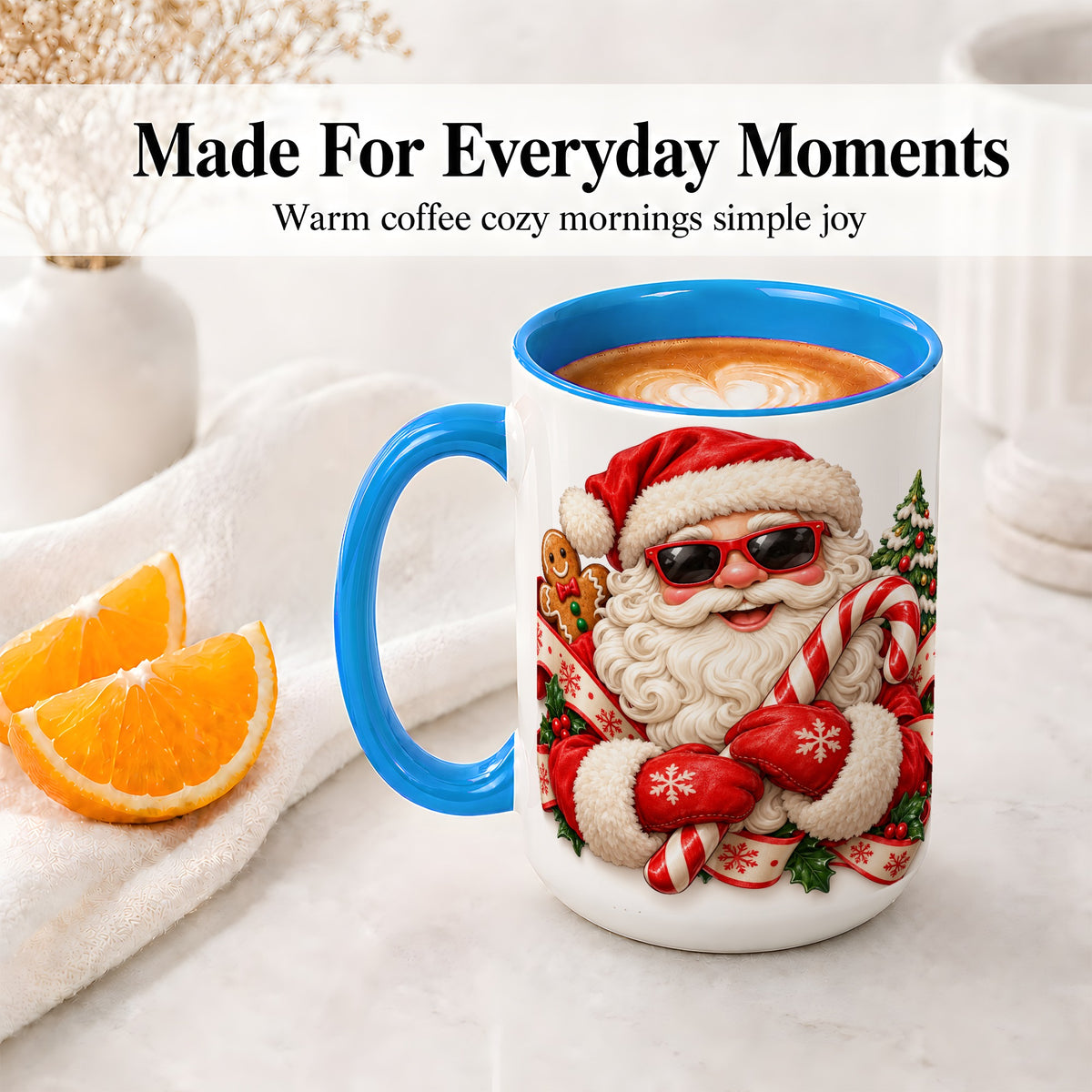#pl[15oz|Blue] Cool Santa Claus Accent Mug, Ceramic Cup with Christmas Artwork