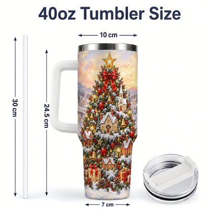 #pl[40oz|White] Snowy Village Christmas Tumbler, 40oz Handled Stainless Steel Cup