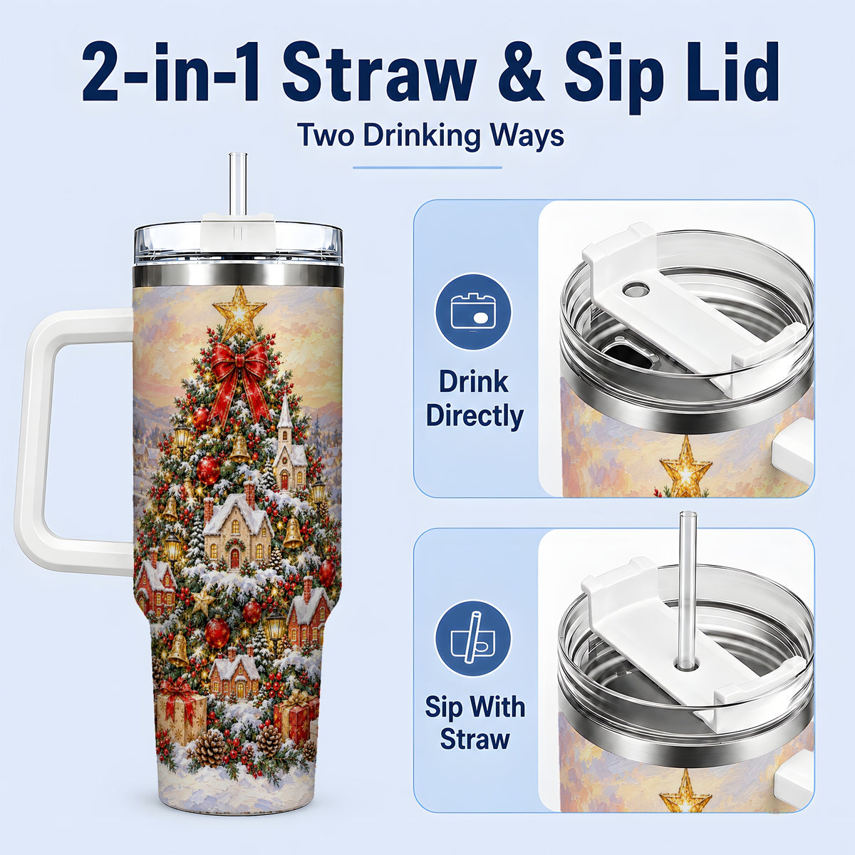 #pl[40oz|White] Snowy Village Christmas Tumbler, 40oz Handled Stainless Steel Cup