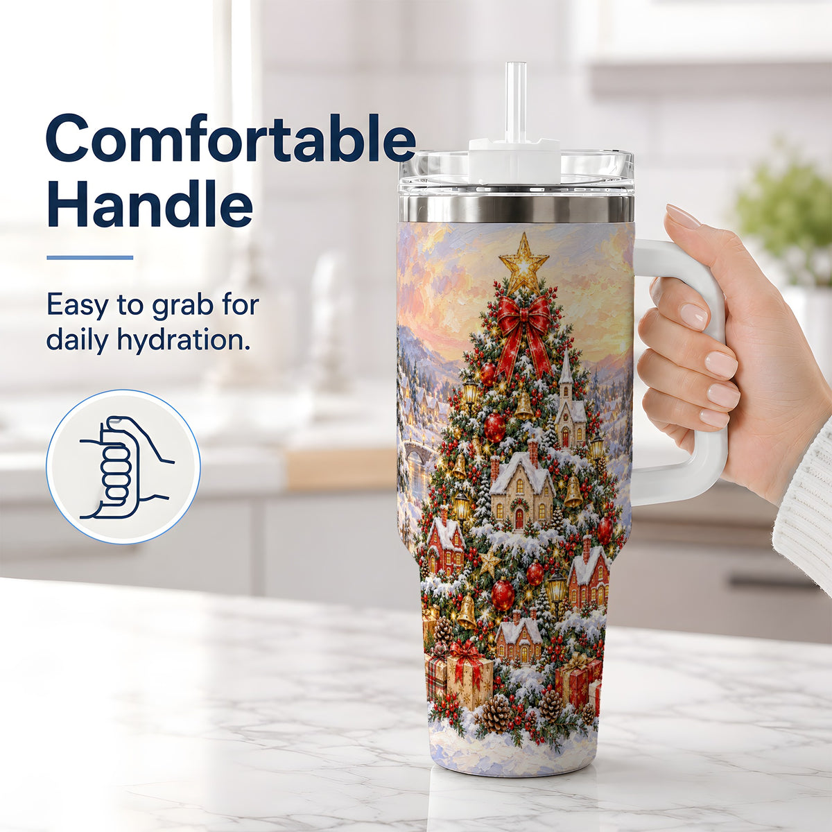 #pl[40oz|White] Snowy Village Christmas Tumbler, 40oz Handled Stainless Steel Cup