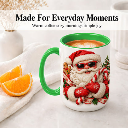 #pl[15oz|Green] Cool Santa Claus Accent Mug, Ceramic Cup with Christmas Artwork