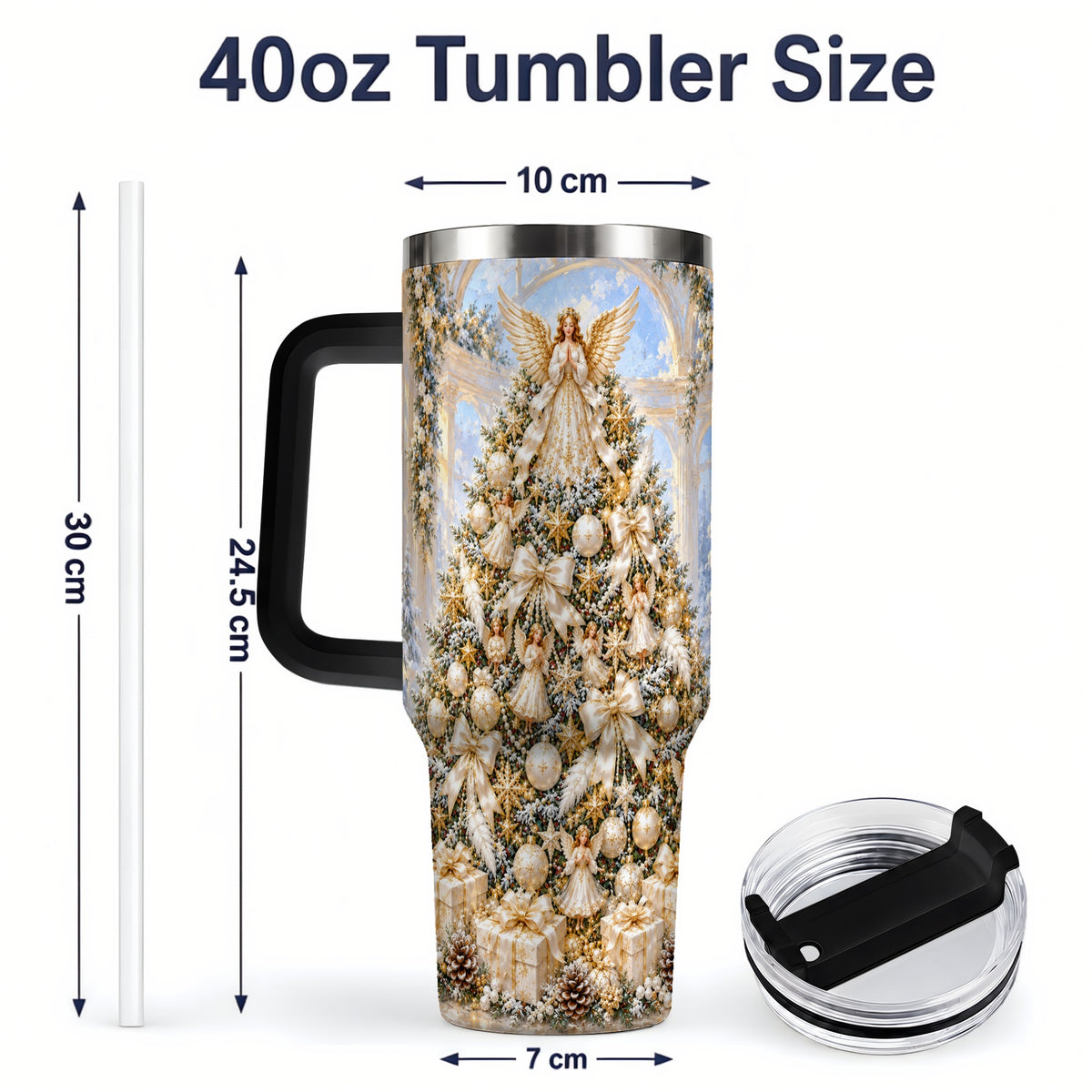 #pl[40oz|Black] Heavenly Angel Christmas Tumbler, 40oz Handled Stainless Steel Cup