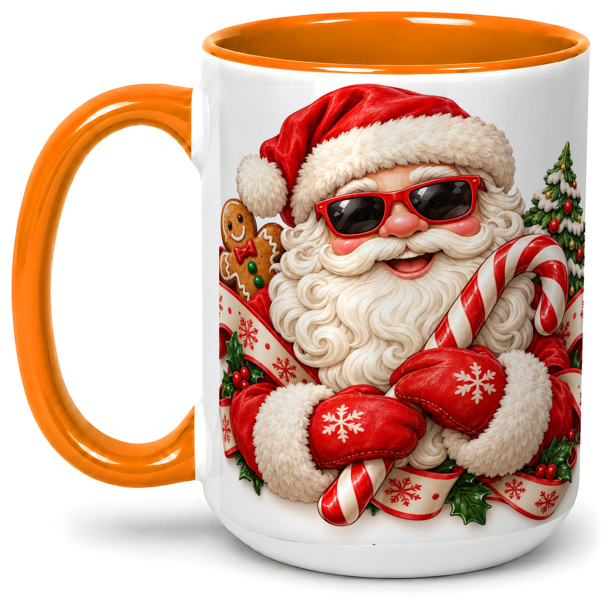 #pl[15oz|Orange] Cool Santa Claus Accent Mug, Ceramic Cup with Christmas Artwork
