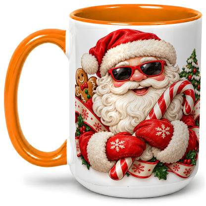 #pl[15oz|Orange] Cool Santa Claus Accent Mug, Ceramic Cup with Christmas Artwork