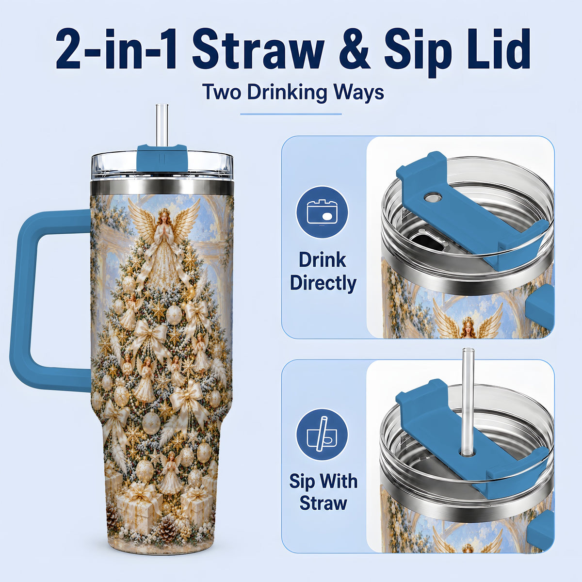 #pl[40oz|Blue] Heavenly Angel Christmas Tumbler, 40oz Handled Stainless Steel Cup