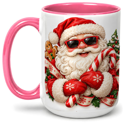 #pl[15oz|Pink] Cool Santa Claus Accent Mug, Ceramic Cup with Christmas Artwork