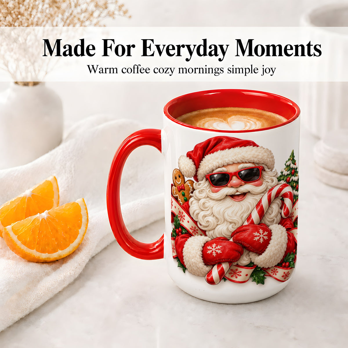#pl[15oz|Red] Cool Santa Claus Accent Mug, Ceramic Cup with Christmas Artwork