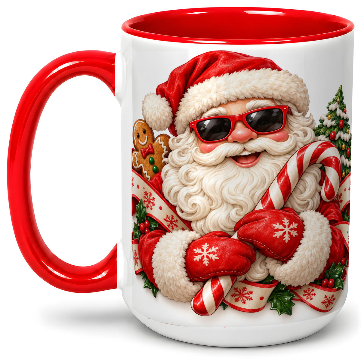 #pl[15oz|Red] Cool Santa Claus Accent Mug, Ceramic Cup with Christmas Artwork