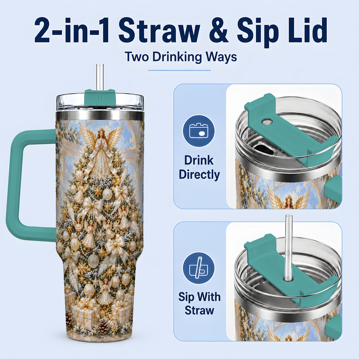 #pl[40oz|Green] Heavenly Angel Christmas Tumbler, 40oz Handled Stainless Steel Cup