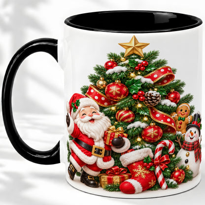 #pl[11oz|Black] Santa Christmas Tree Accent Mug, Ceramic Cup with Festive Artwork