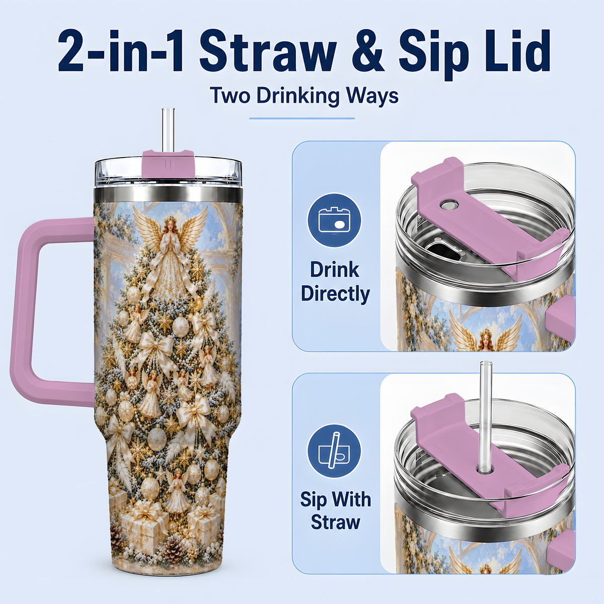 #pl[40oz|Pink] Heavenly Angel Christmas Tumbler, 40oz Handled Stainless Steel Cup