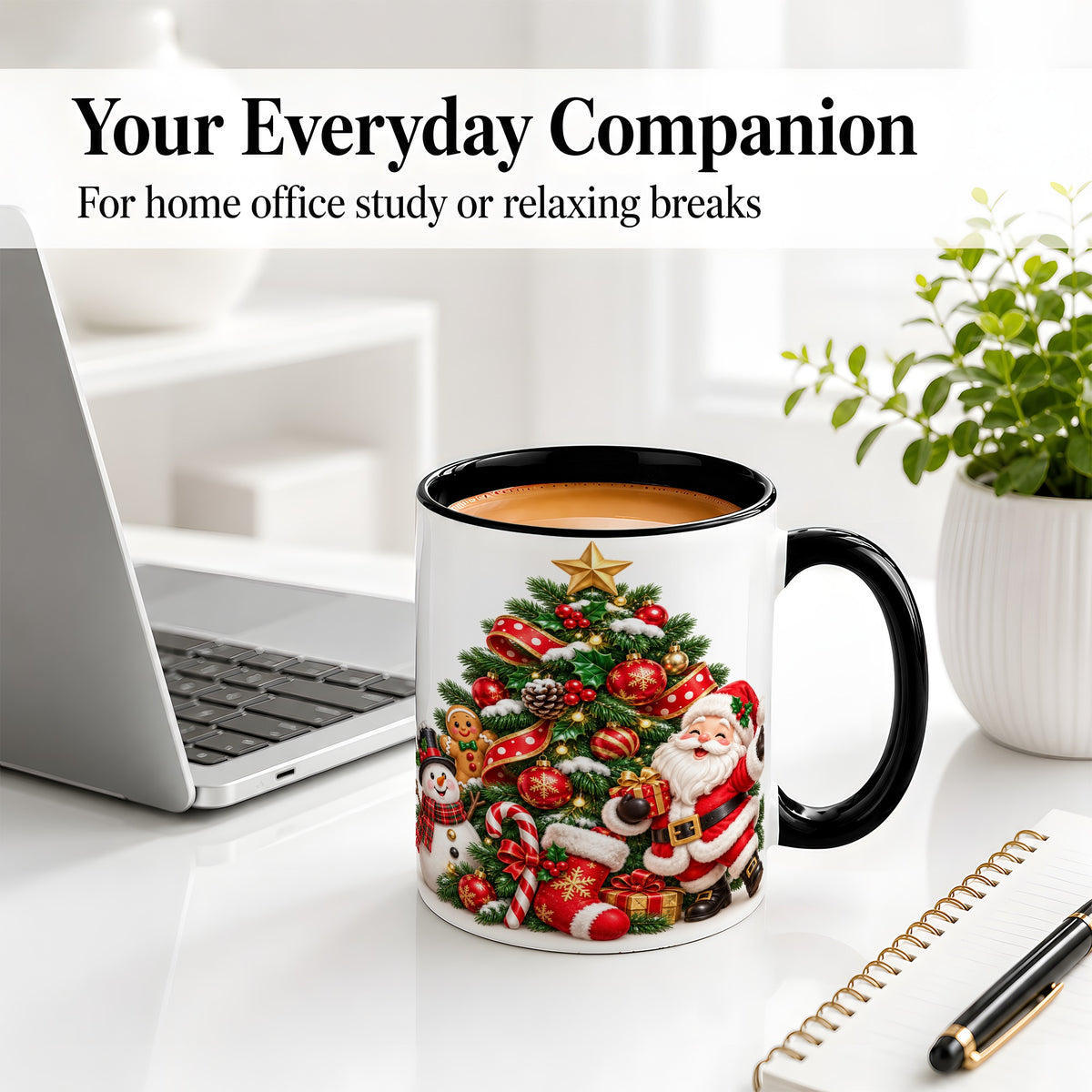 #pl[11oz|Black] Santa Christmas Tree Accent Mug, Ceramic Cup with Festive Artwork
