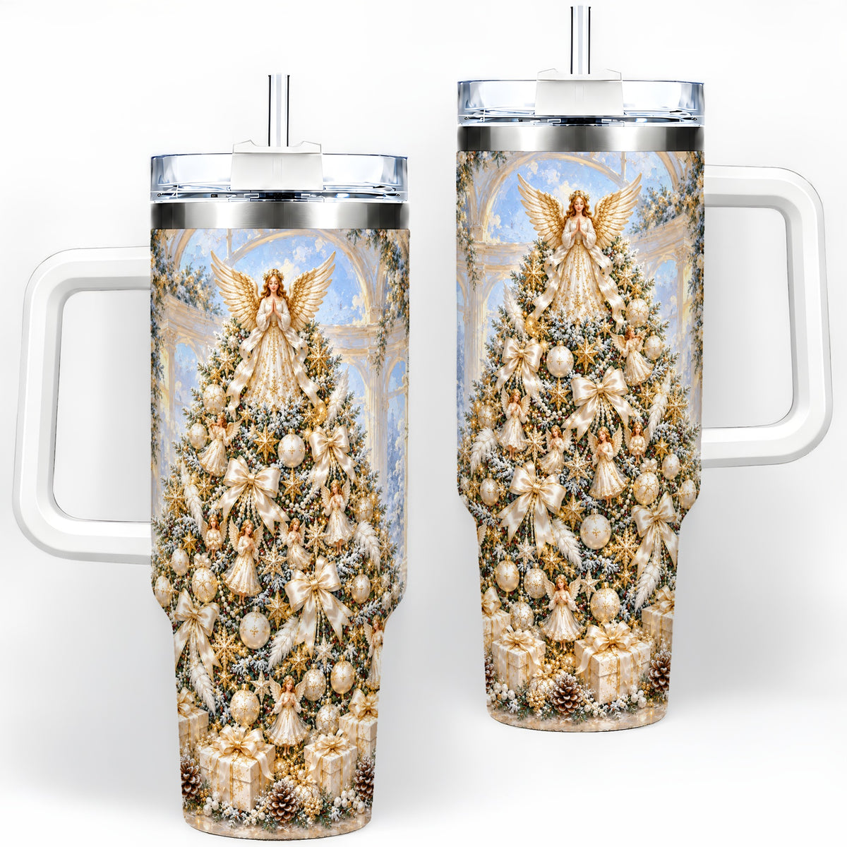 Heavenly Angel Christmas Tumbler, 40oz Handled Stainless Steel Cup