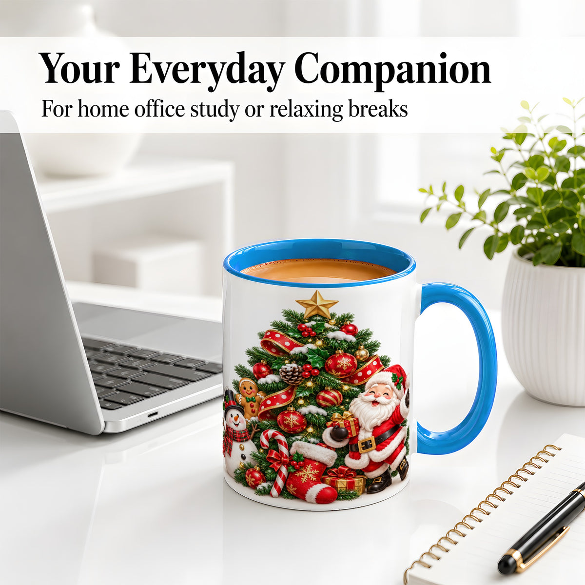 #pl[11oz|Blue] Santa Christmas Tree Accent Mug, Ceramic Cup with Festive Artwork