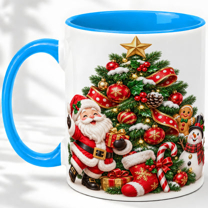 #pl[11oz|Blue] Santa Christmas Tree Accent Mug, Ceramic Cup with Festive Artwork
