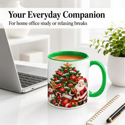 #pl[11oz|Green] Santa Christmas Tree Accent Mug, Ceramic Cup with Festive Artwork