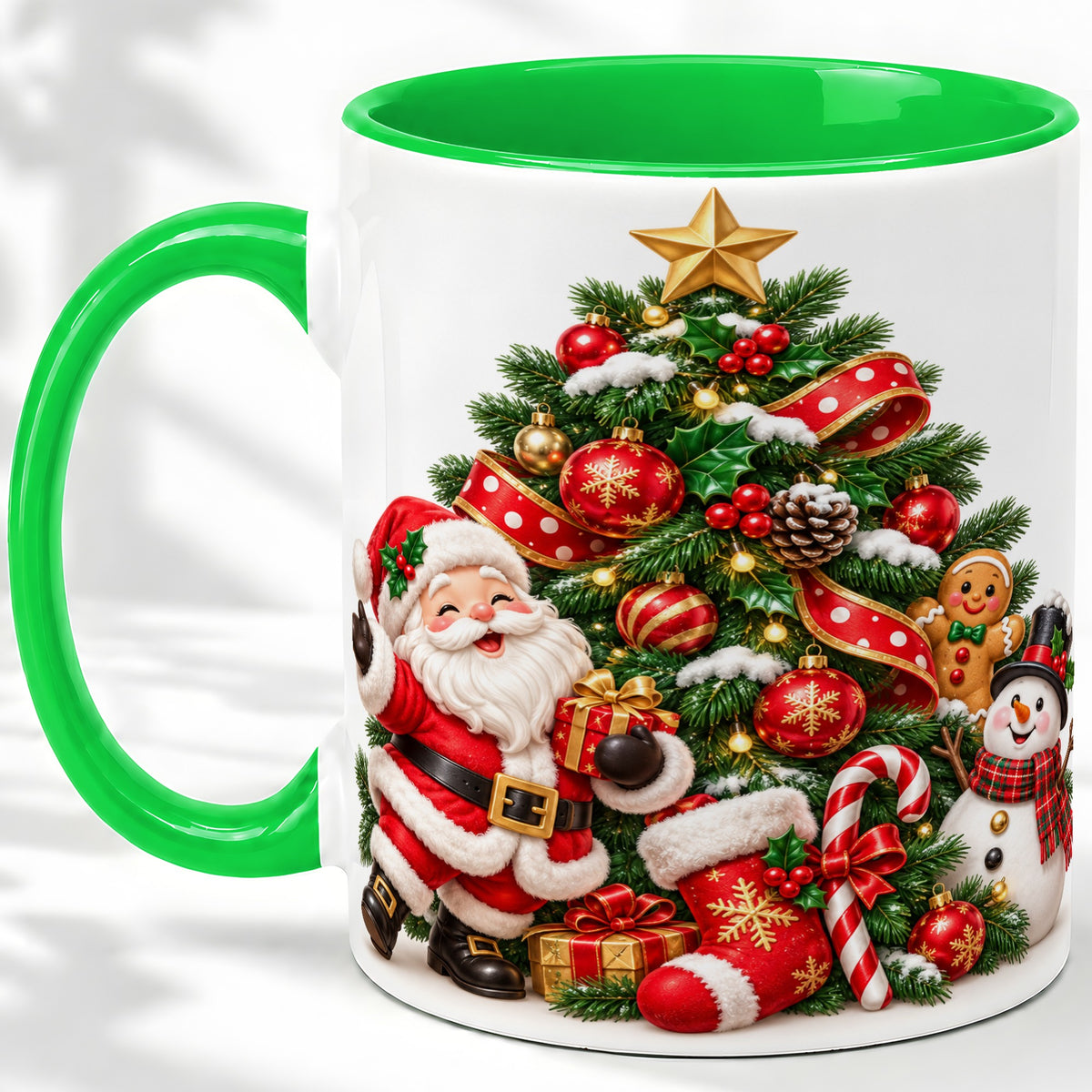 #pl[11oz|Green] Santa Christmas Tree Accent Mug, Ceramic Cup with Festive Artwork