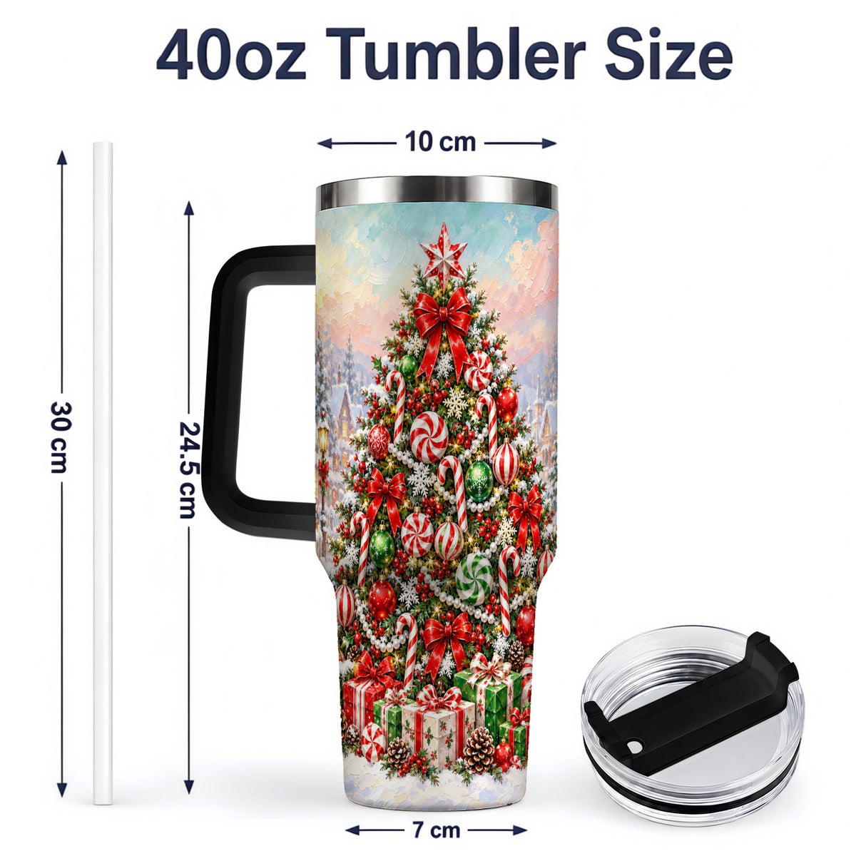 #pl[40oz|Black] Candy Cane Holiday Tumbler, 40oz Handled Stainless Steel Drinkware