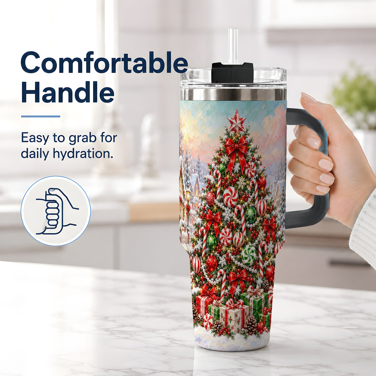 #pl[40oz|Black] Candy Cane Holiday Tumbler, 40oz Handled Stainless Steel Drinkware