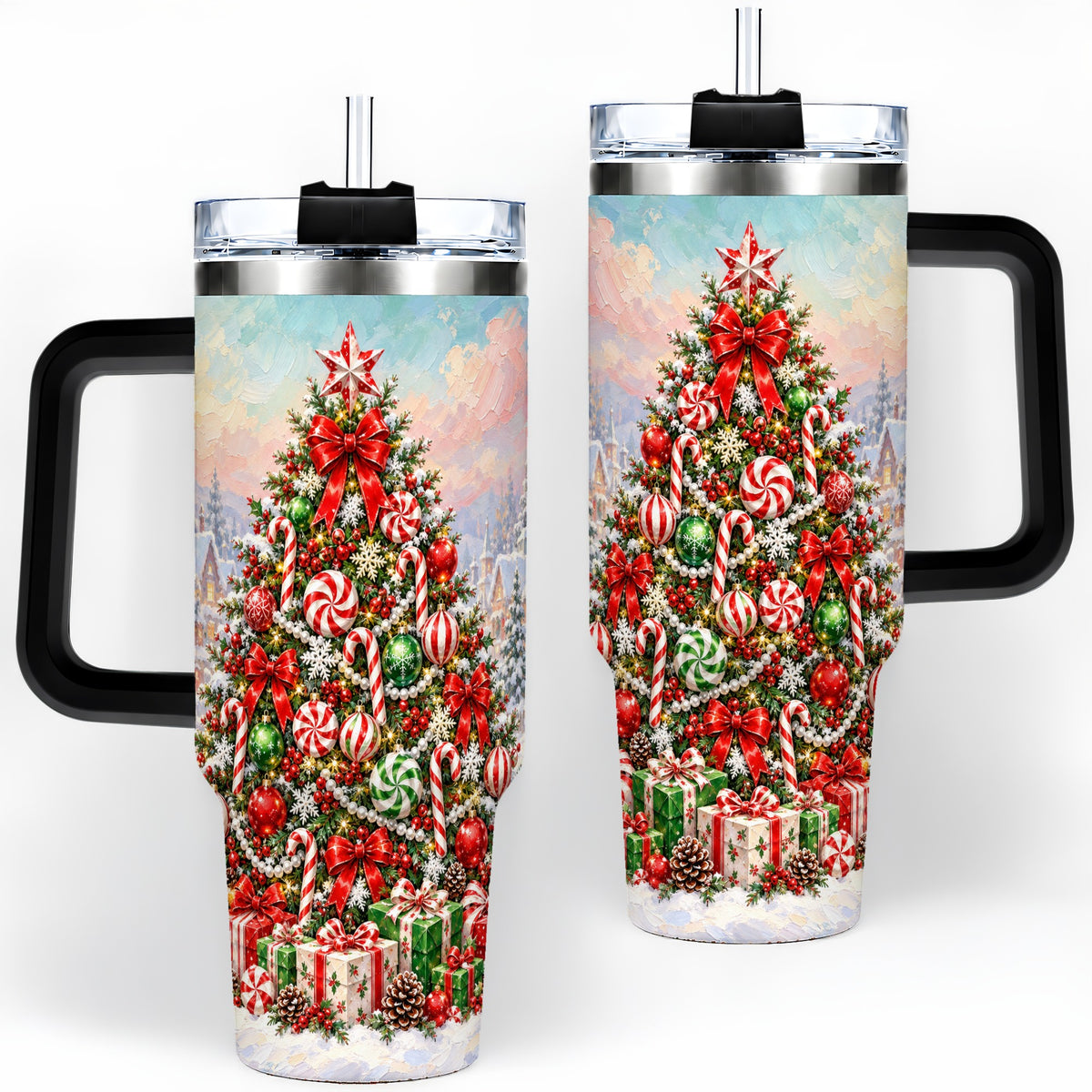#pl[40oz|Black] Candy Cane Holiday Tumbler, 40oz Handled Stainless Steel Drinkware