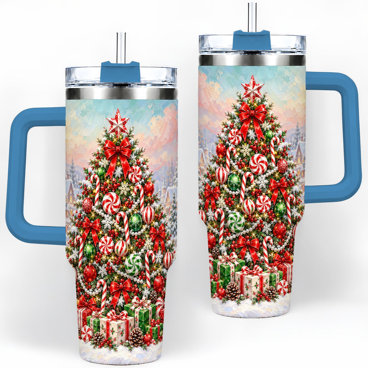 #pl[40oz|Blue] Candy Cane Holiday Tumbler, 40oz Handled Stainless Steel Drinkware