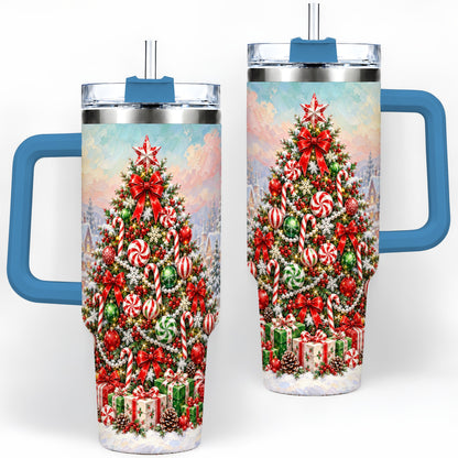 #pl[40oz|Blue] Candy Cane Holiday Tumbler, 40oz Handled Stainless Steel Drinkware