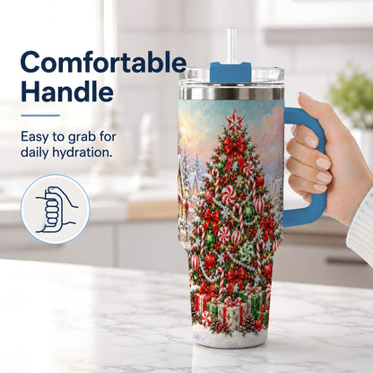 #pl[40oz|Blue] Candy Cane Holiday Tumbler, 40oz Handled Stainless Steel Drinkware