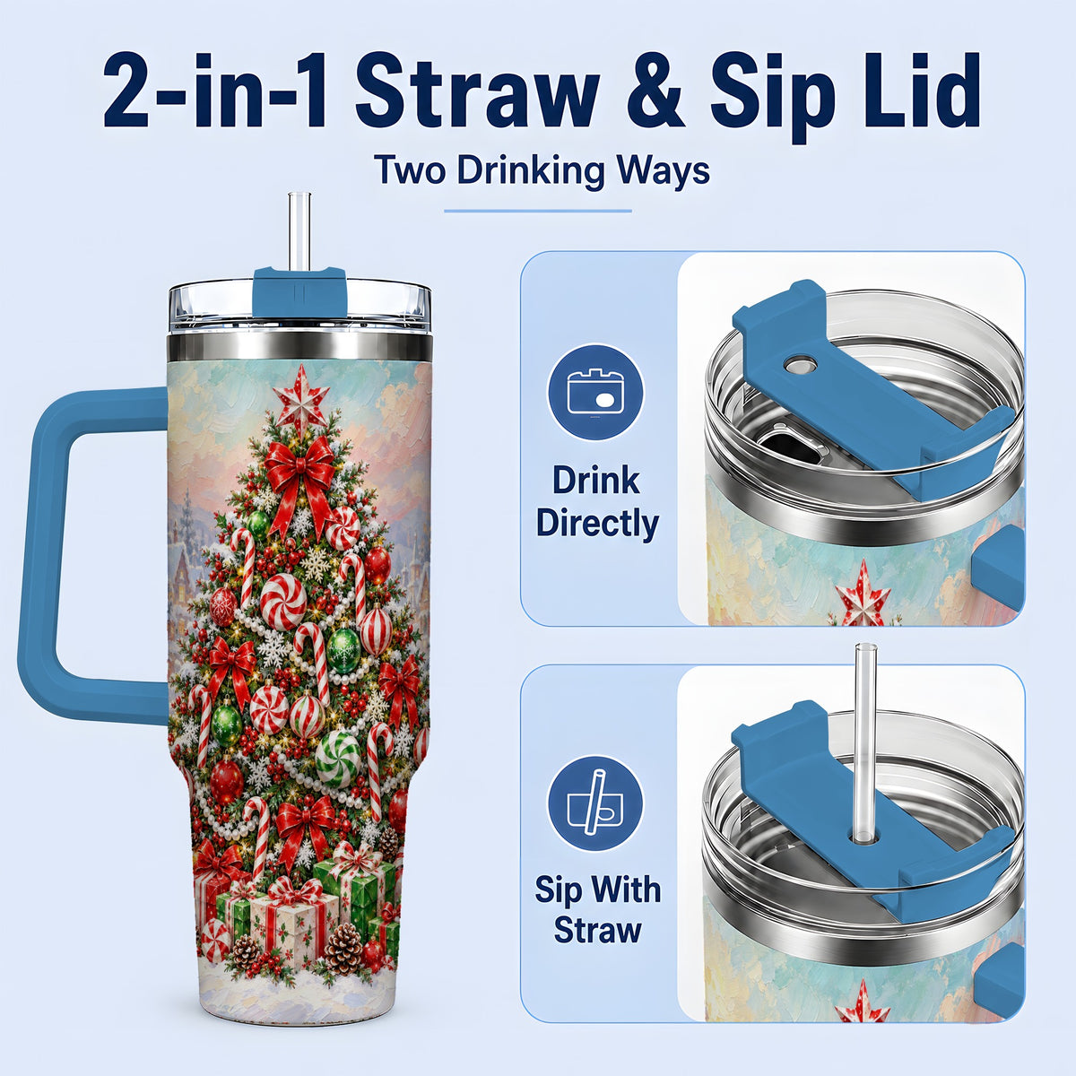 #pl[40oz|Blue] Candy Cane Holiday Tumbler, 40oz Handled Stainless Steel Drinkware