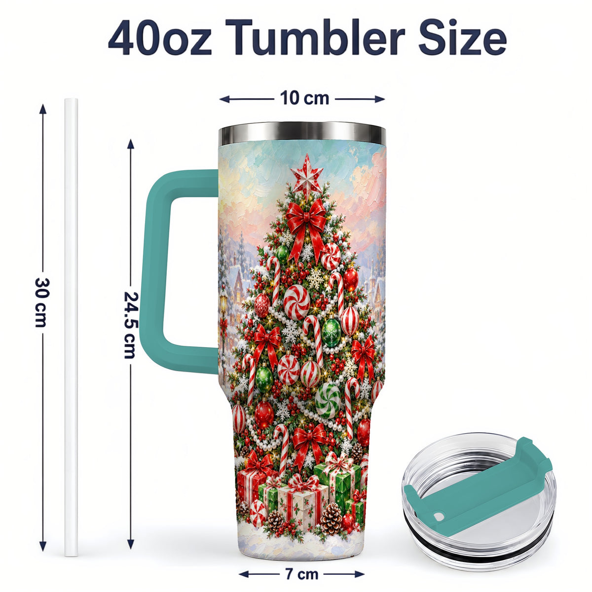 #pl[40oz|Green] Candy Cane Holiday Tumbler, 40oz Handled Stainless Steel Drinkware