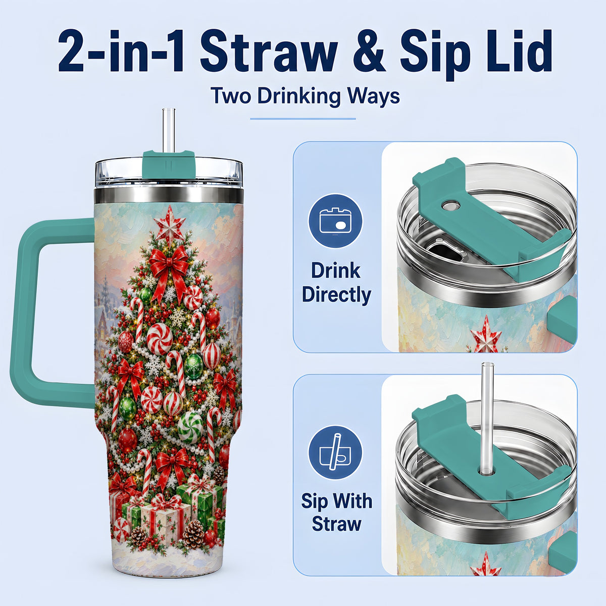 #pl[40oz|Green] Candy Cane Holiday Tumbler, 40oz Handled Stainless Steel Drinkware