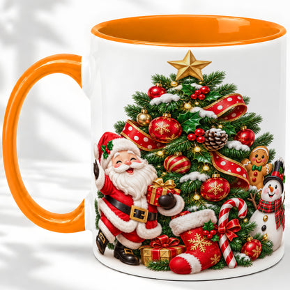 #pl[11oz|Orange] Santa Christmas Tree Accent Mug, Ceramic Cup with Festive Artwork