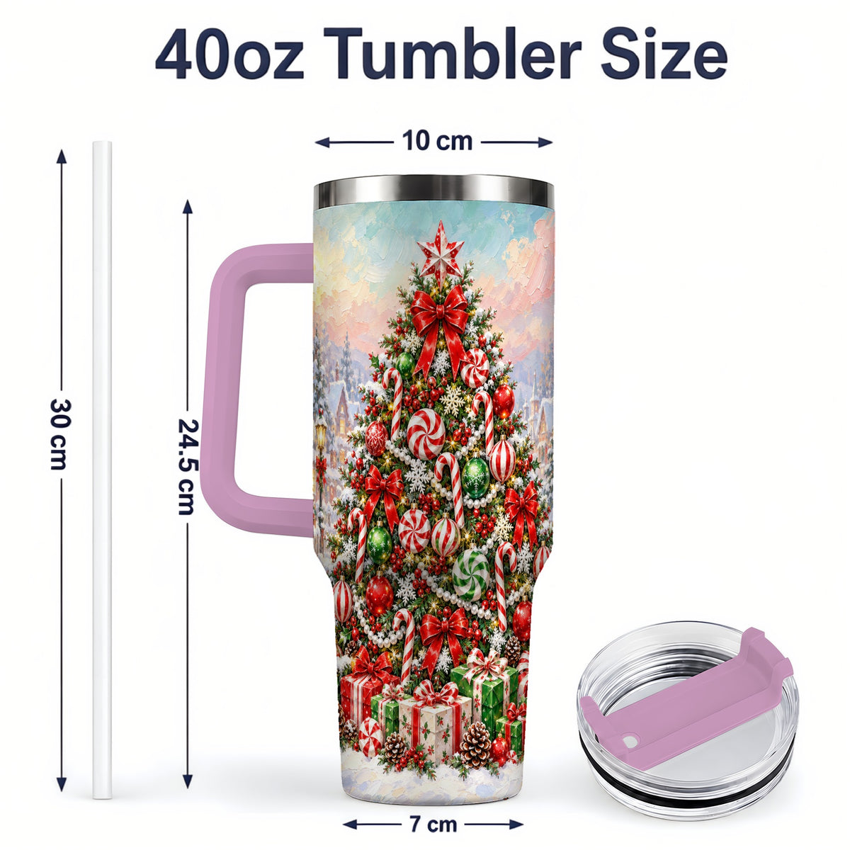 #pl[40oz|Pink] Candy Cane Holiday Tumbler, 40oz Handled Stainless Steel Drinkware