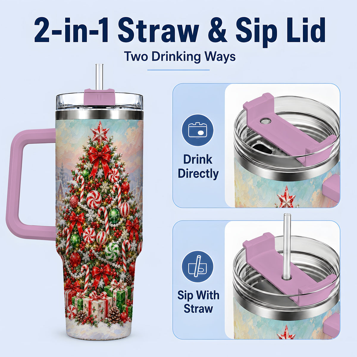 #pl[40oz|Pink] Candy Cane Holiday Tumbler, 40oz Handled Stainless Steel Drinkware
