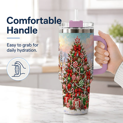 #pl[40oz|Pink] Candy Cane Holiday Tumbler, 40oz Handled Stainless Steel Drinkware