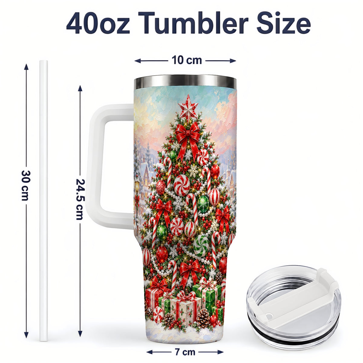 #pl[40oz|White] Candy Cane Holiday Tumbler, 40oz Handled Stainless Steel Drinkware