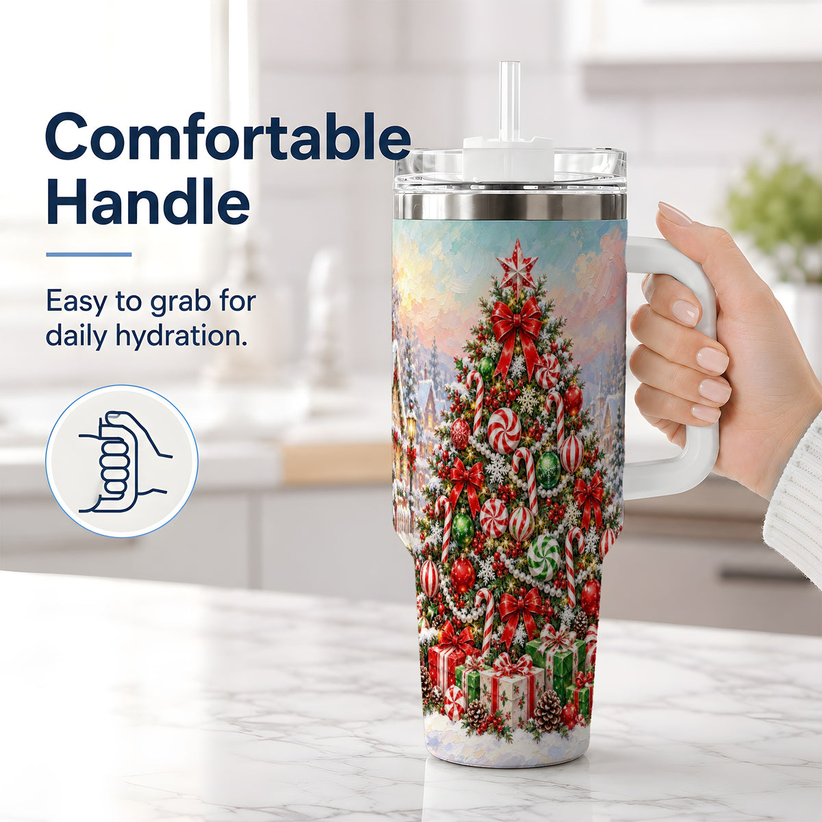 #pl[40oz|White] Candy Cane Holiday Tumbler, 40oz Handled Stainless Steel Drinkware