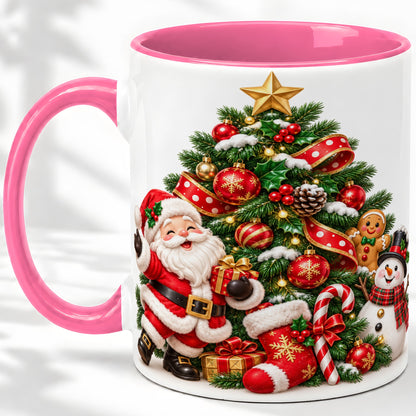 #pl[11oz|Pink] Santa Christmas Tree Accent Mug, Ceramic Cup with Festive Artwork