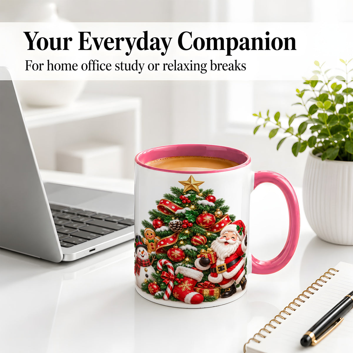 #pl[11oz|Pink] Santa Christmas Tree Accent Mug, Ceramic Cup with Festive Artwork