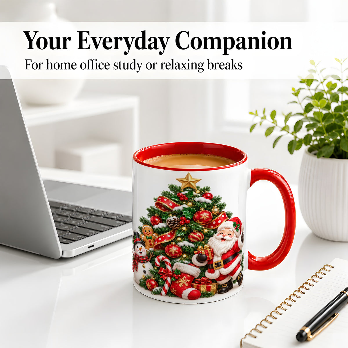 #pl[11oz|Red] Santa Christmas Tree Accent Mug, Ceramic Cup with Festive Artwork