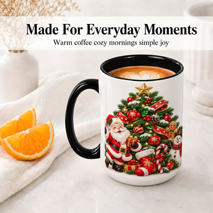 #pl[15oz|Black] Santa Christmas Tree Accent Mug, Ceramic Cup with Festive Artwork
