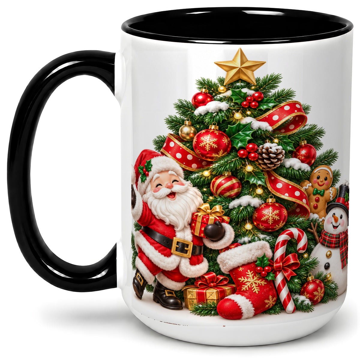 #pl[15oz|Black] Santa Christmas Tree Accent Mug, Ceramic Cup with Festive Artwork