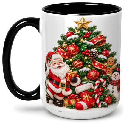 #pl[15oz|Black] Santa Christmas Tree Accent Mug, Ceramic Cup with Festive Artwork