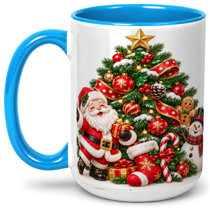 #pl[15oz|Blue] Santa Christmas Tree Accent Mug, Ceramic Cup with Festive Artwork