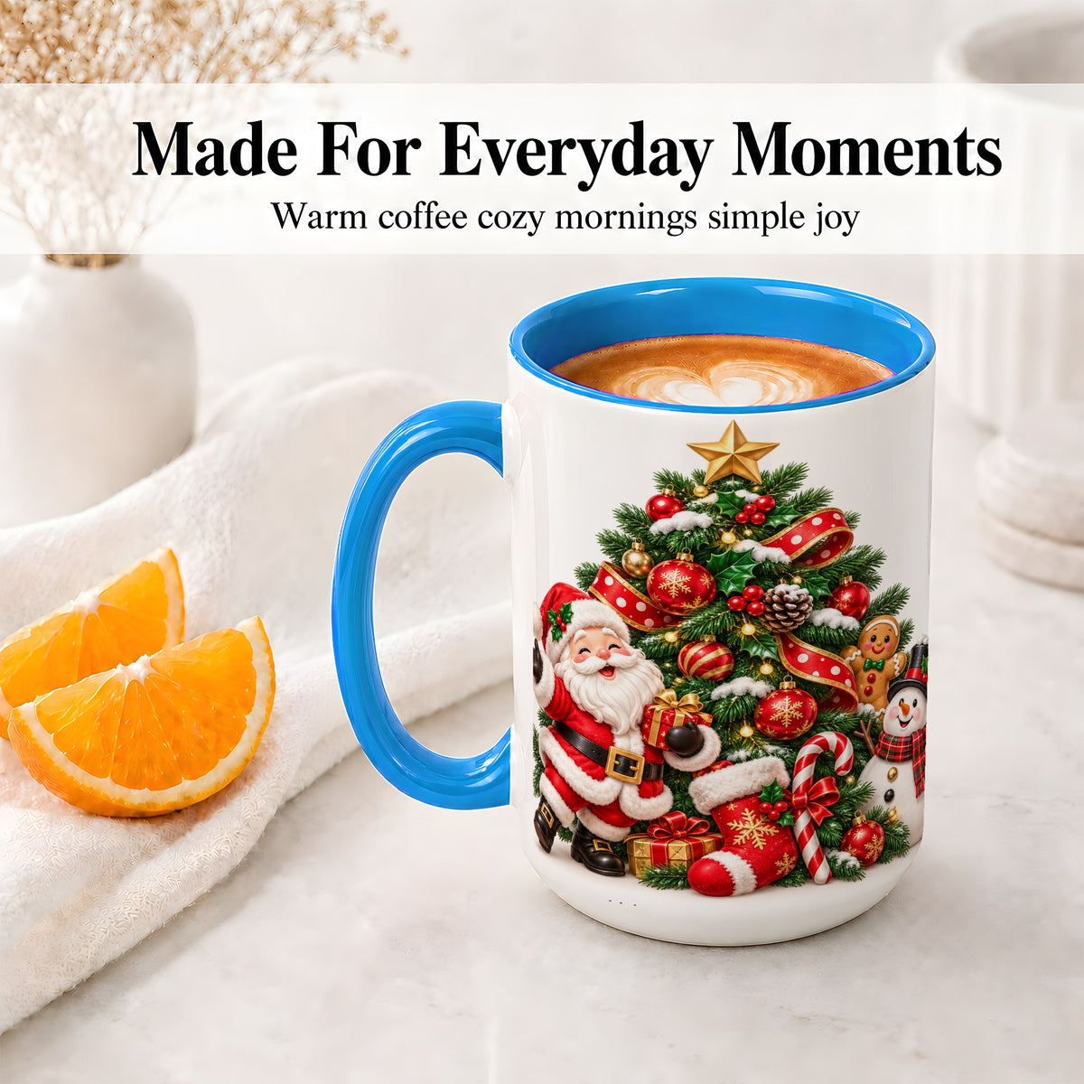 #pl[15oz|Blue] Santa Christmas Tree Accent Mug, Ceramic Cup with Festive Artwork